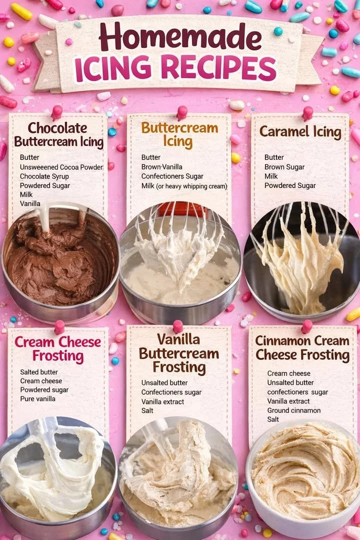 A variety of colorful homemade icing recipes for cakes and desserts.