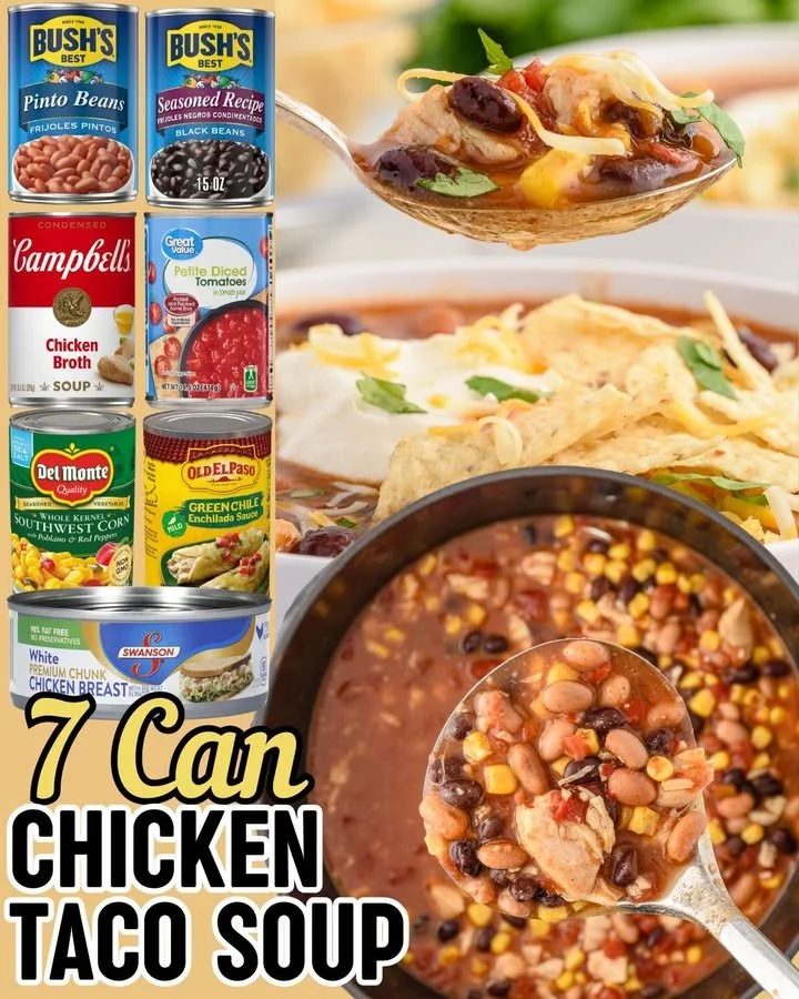A bowl of 7 Can Chicken Taco Soup with colorful toppings and ingredients.