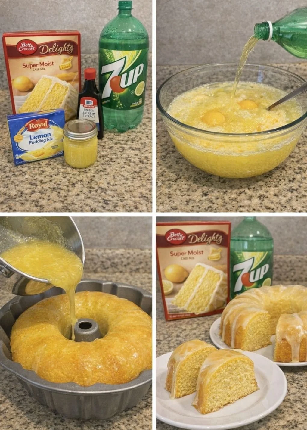 Delicious slice of 7UP lemon cake garnished with lemon zest and fresh berries.