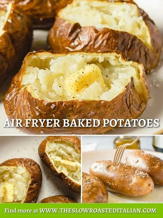Crispy air fryer baked potatoes served on a plate