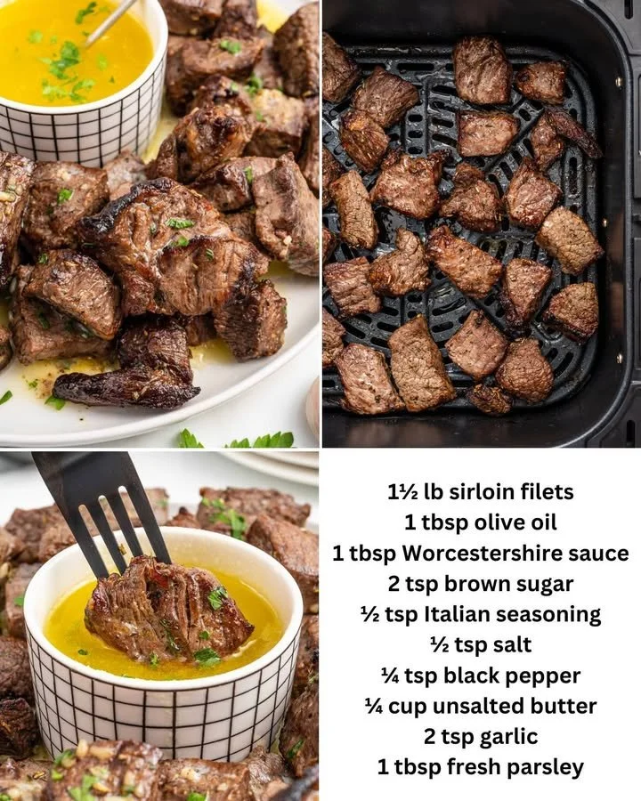 Delicious air fryer steak bites served with dipping sauce.