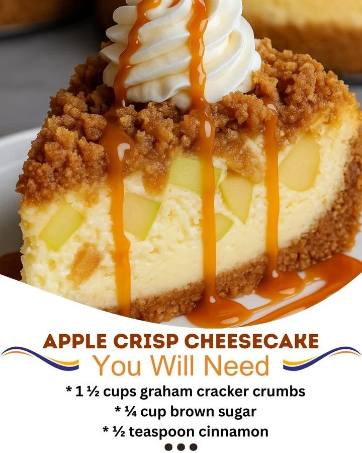Delicious slice of Apple Crisp Cheesecake topped with apple slices and crumb topping