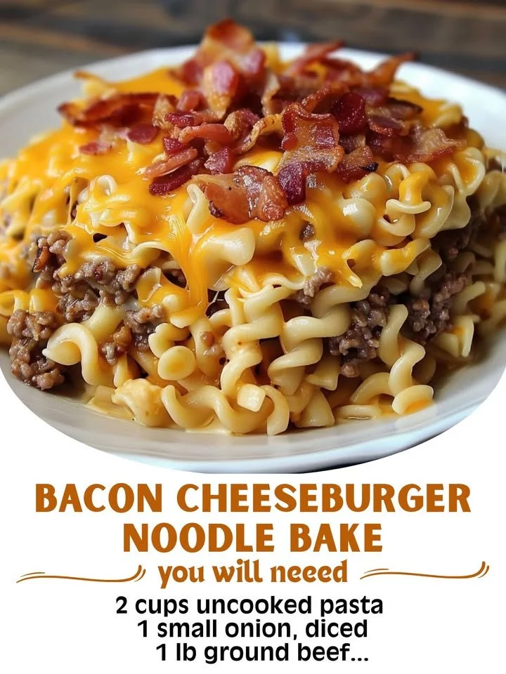 Delicious Bacon Cheeseburger Noodle Bake topped with cheese and crispy bacon