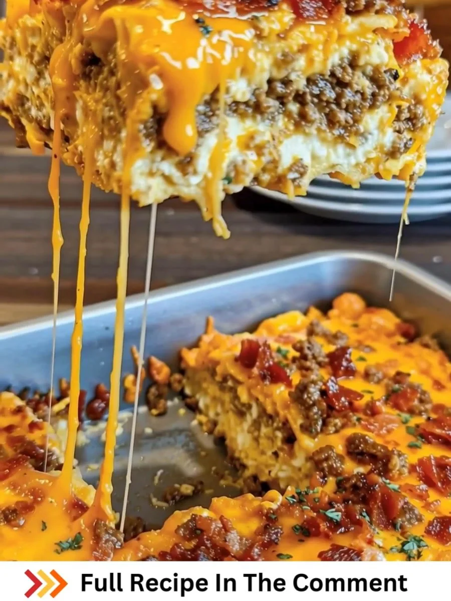 Delicious Bacon Cheeseburger Lasagna served in a pan