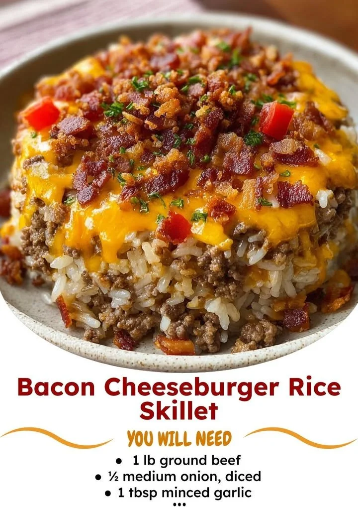 Delicious Bacon Cheeseburger Rice Skillet served in a skillet