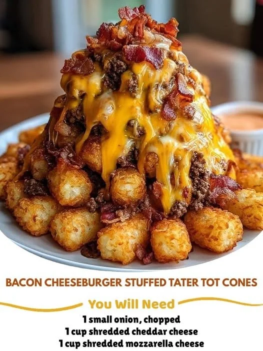 Bacon cheeseburger stuffed tater tot cones served on a plate