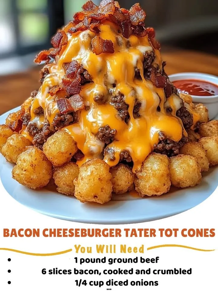 Bacon cheeseburger tater tot cones topped with cheese and bacon