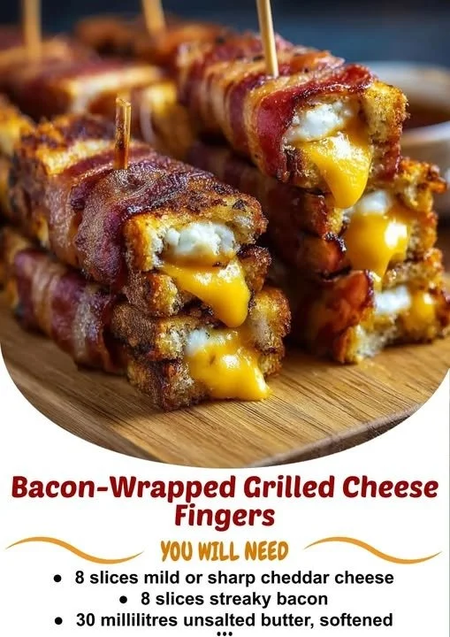 Bacon-wrapped grilled cheese fingers served on a plate.