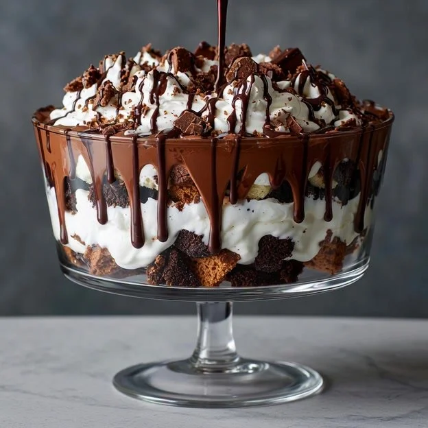 Baileys Chocolate Cheesecake Trifle dessert layered with chocolate cheesecake and whipped cream