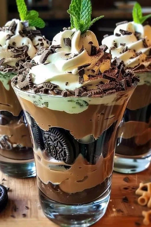 Baileys chocolate mint pudding parfaits with layers of creamy dessert.