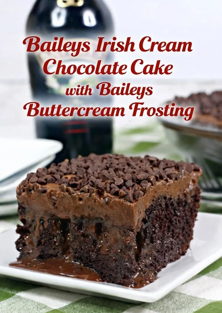 Baileys Chocolate Poke Cake topped with chocolate sauce and whipped cream