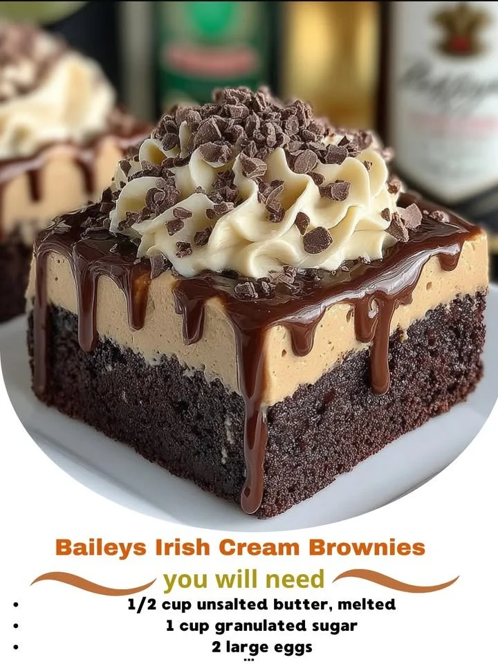 Decadent Baileys Irish Cream Brownies topped with chocolate ganache.