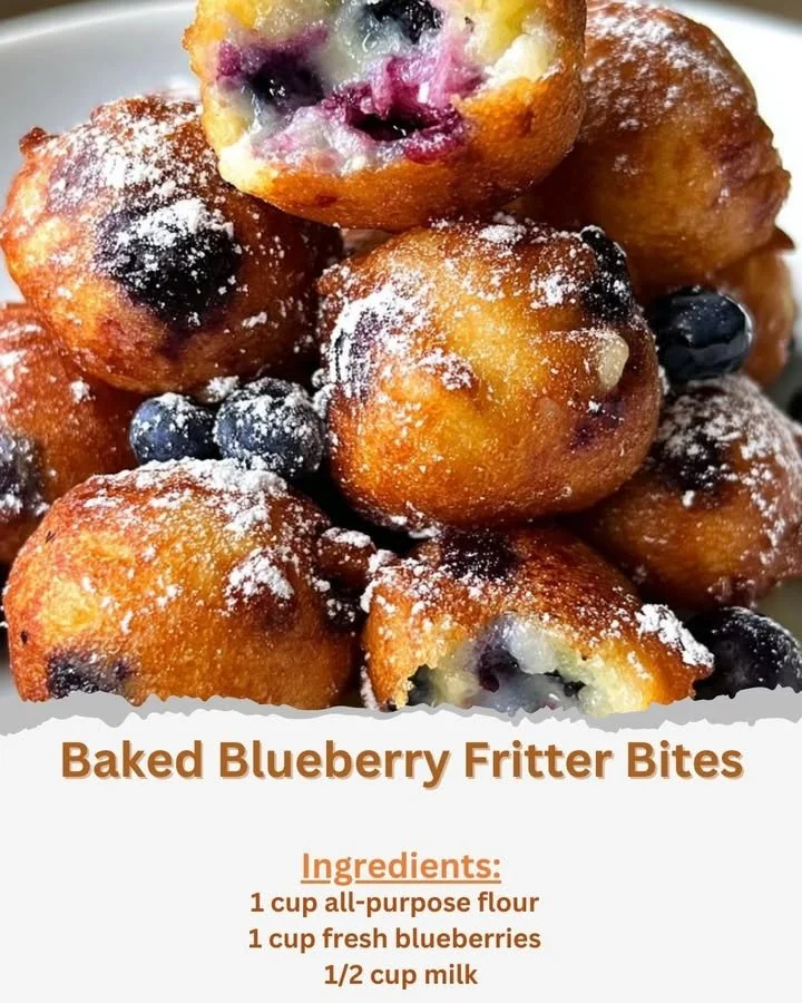 Delicious baked blueberry fritter bites on a plate with powdered sugar