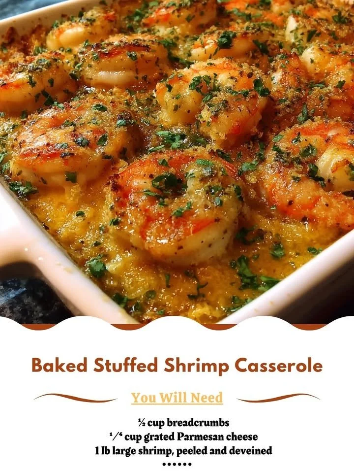 Baked Stuffed Shrimp Casserole with flavorful filling in a baking dish