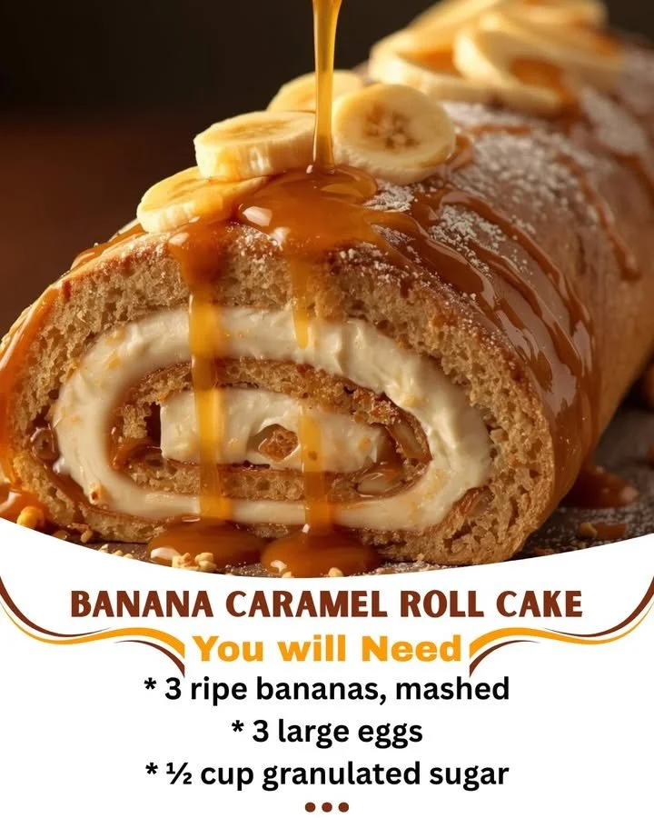 Delicious Banana Caramel Roll Cake with caramel drizzle and banana slices