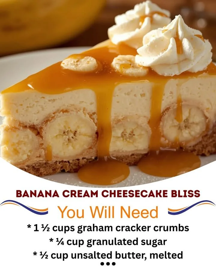 Delicious banana cream cheesecake slice topped with fresh bananas and whipped cream