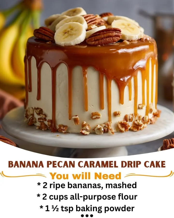 Delicious Banana Pecan Caramel Drip Cake with nuts and caramel topping