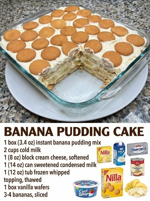 Delicious slice of banana pudding cake topped with whipped cream and cherries