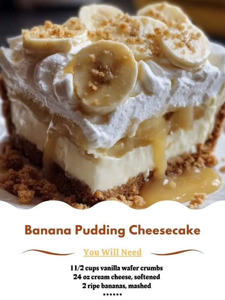Slice of banana pudding cheesecake topped with whipped cream and banana slices