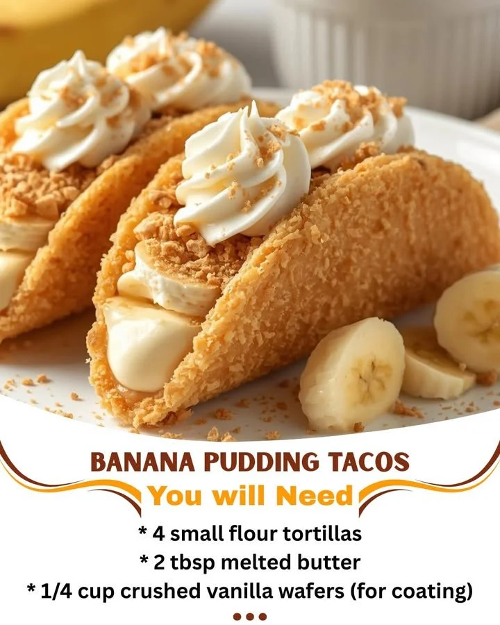 Delicious banana pudding tacos filled with creamy banana pudding and topped with whipped cream.