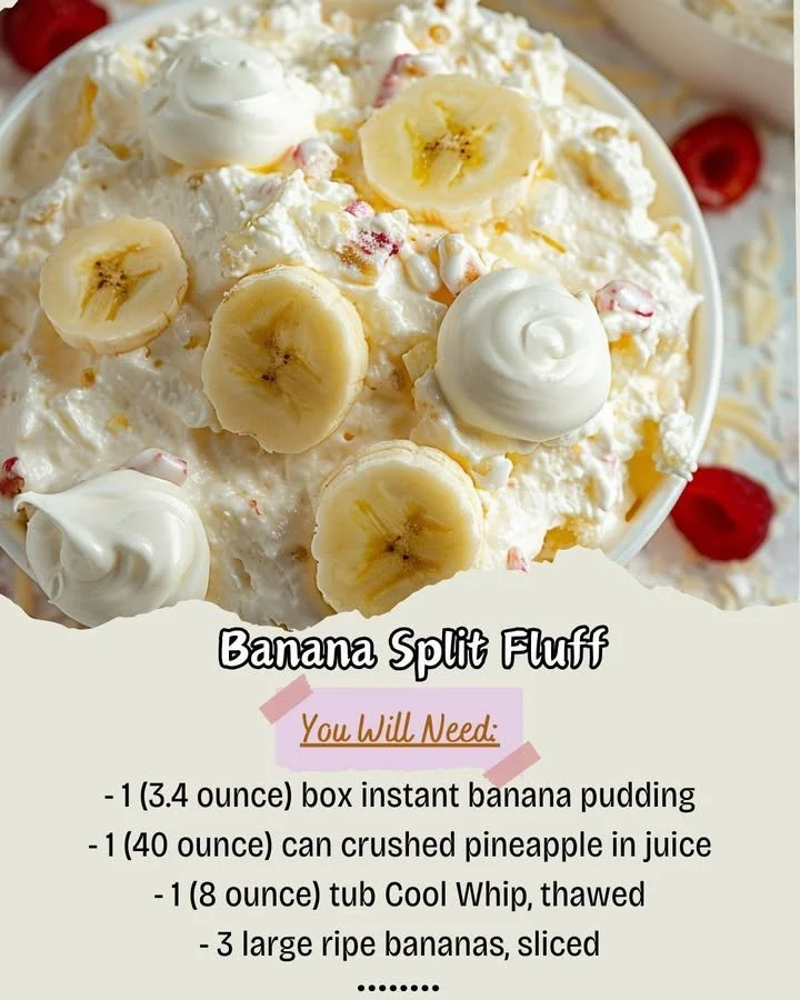 Delicious Banana Split Fluff dessert topped with fruits and whipped cream