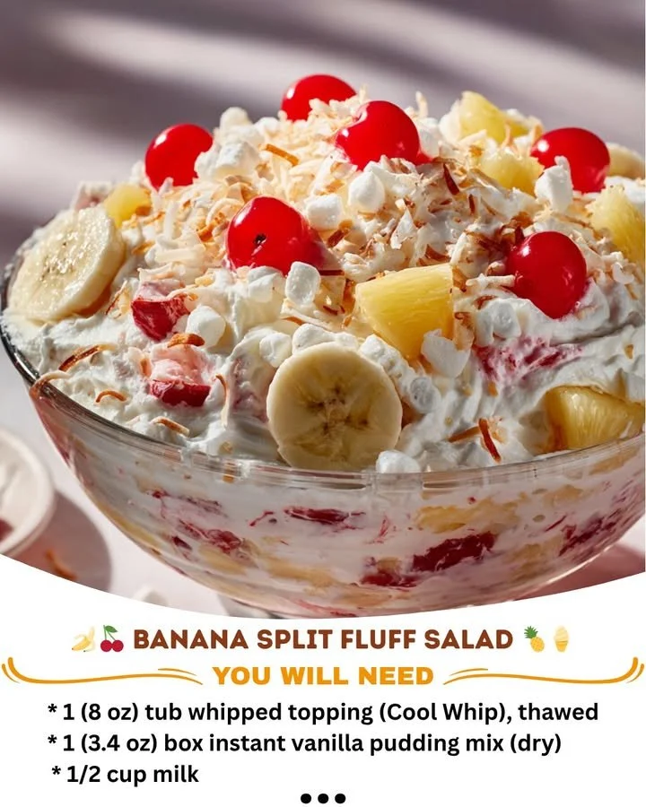 Delicious Banana Split Fluff salad with fresh fruits and whipped cream.
