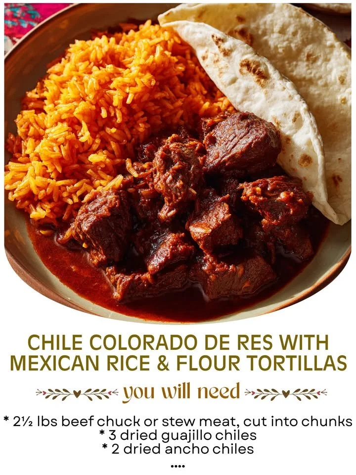 Beef Colorado Chile garnished with fresh herbs, served with rice and tortillas