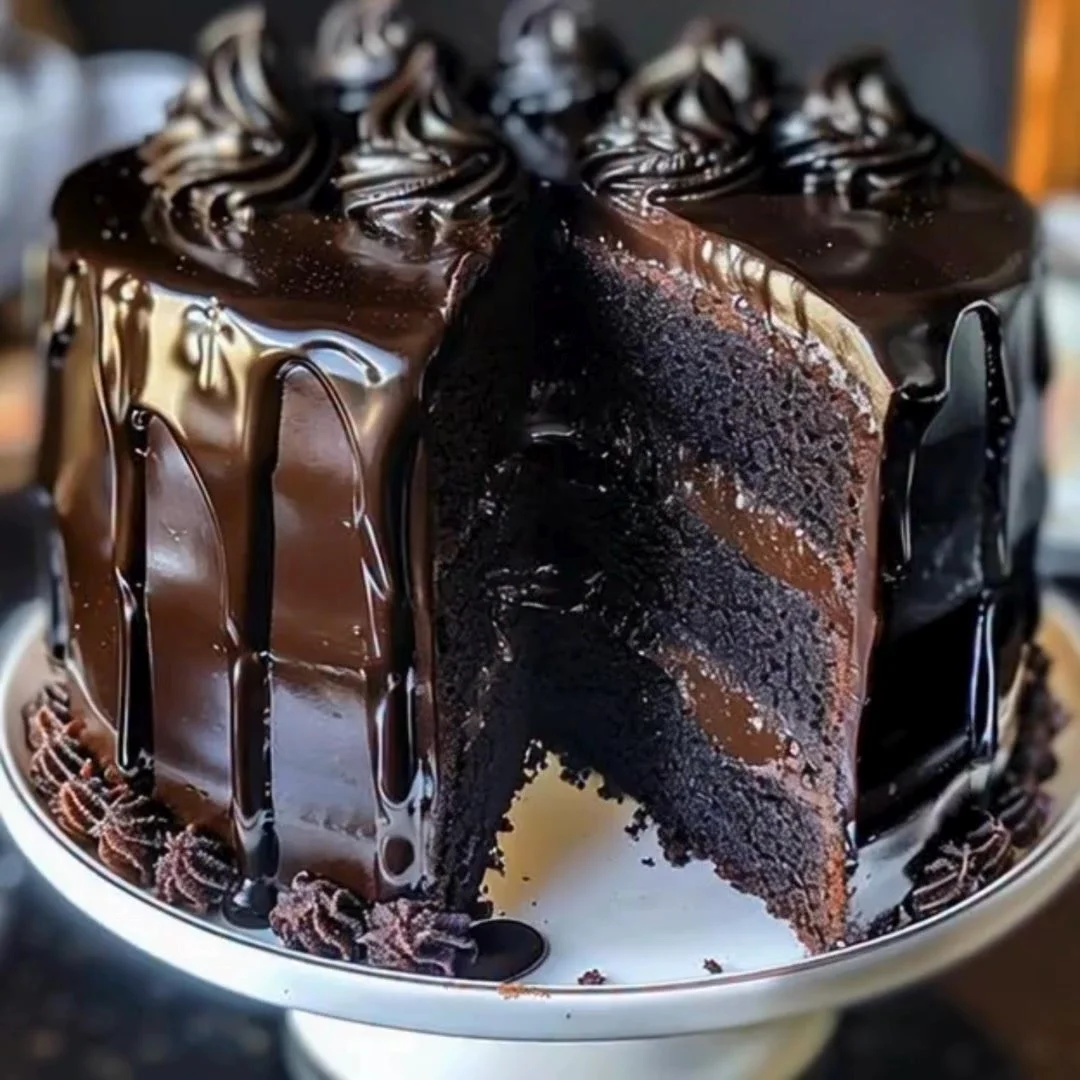 Delicious double chocolate cake with black velvet icing
