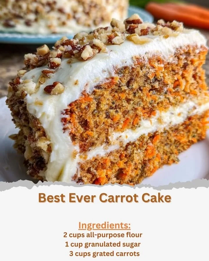 Delicious slice of the best ever carrot cake topped with cream cheese frosting