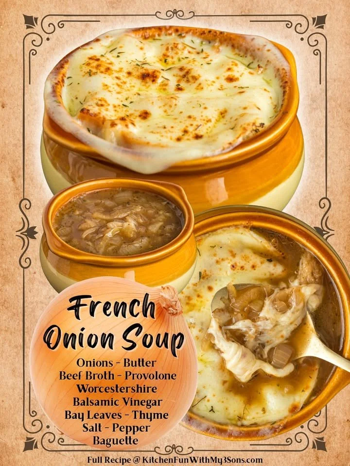 A bowl of delicious and cheesy French onion soup topped with golden brown croutons.