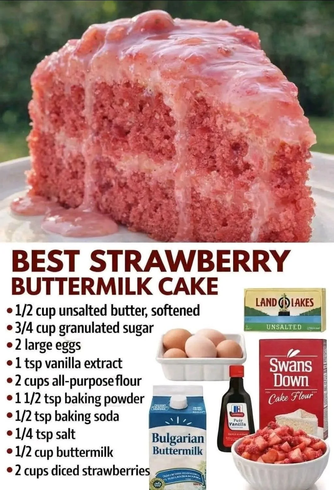 Slice of best strawberry buttermilk cake topped with fresh strawberries