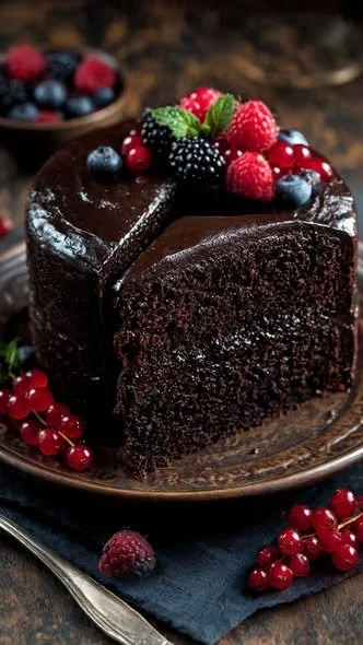 Delicious slice of Dominican Black Cake garnished with fruits and spices