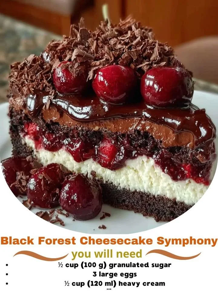 Decadent Black Forest Cheesecake with chocolate layers and cherry topping