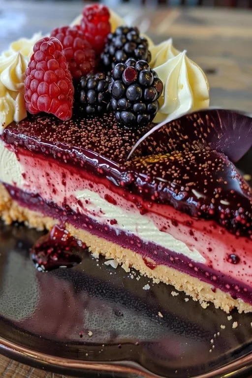 Delicious Blackberry Raspberry Cheesecake topped with fresh berries