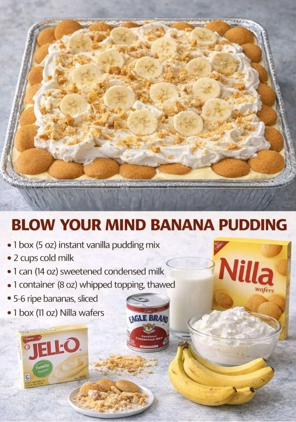 Deliciously creamy Blow Your Mind Banana Pudding served in a bowl with bananas.