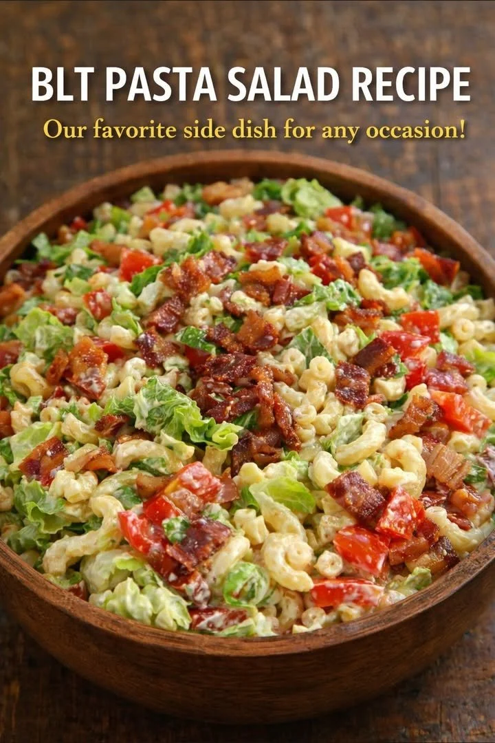 A vibrant bowl of BLT Pasta Salad garnished with crispy bacon, lettuce, and tomatoes.