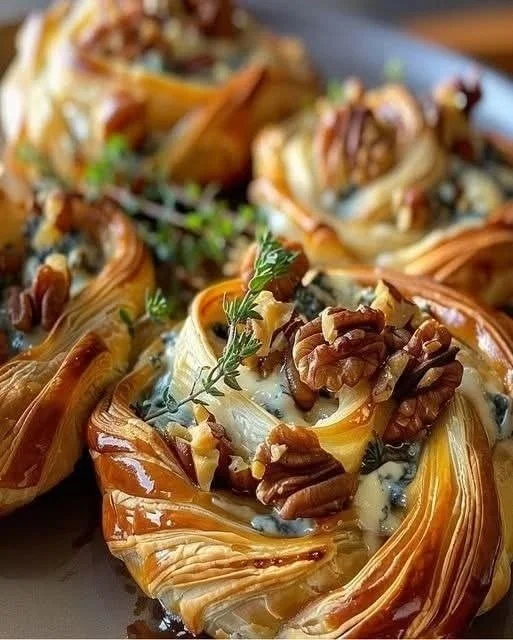 Blue Cheese Walnut Thyme Puff Pastry Twirl appetizer