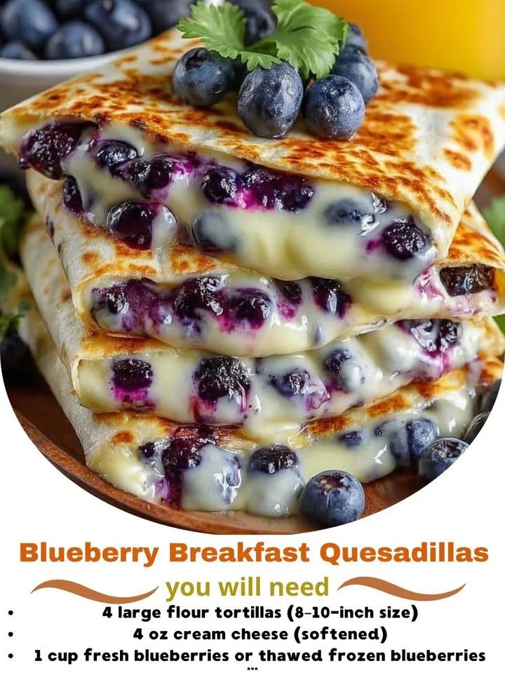 Blueberry breakfast quesadillas filled with cream cheese and fresh blueberries