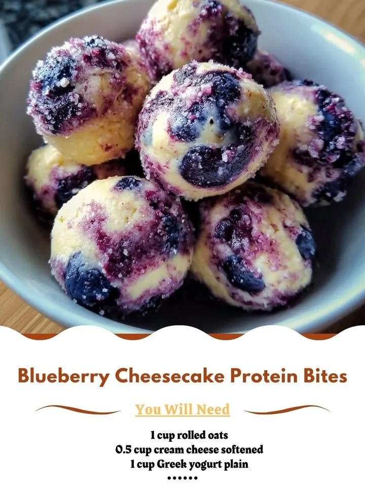Delicious blueberry cheesecake protein bites on a plate