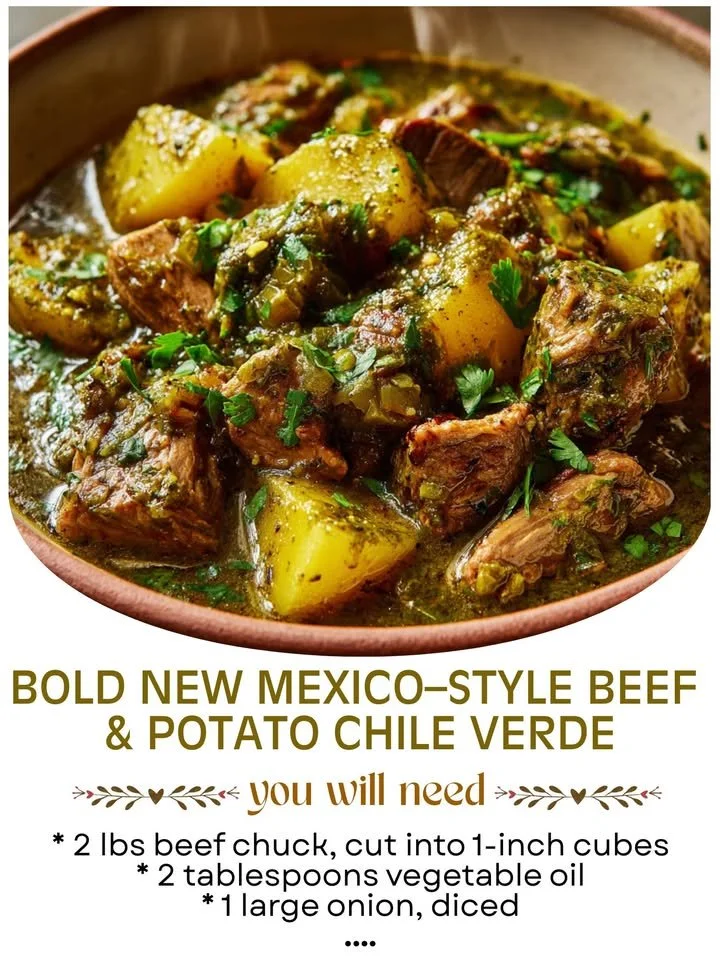 Bowl of New Mexico-style beef and potato green chili with colorful toppings.
