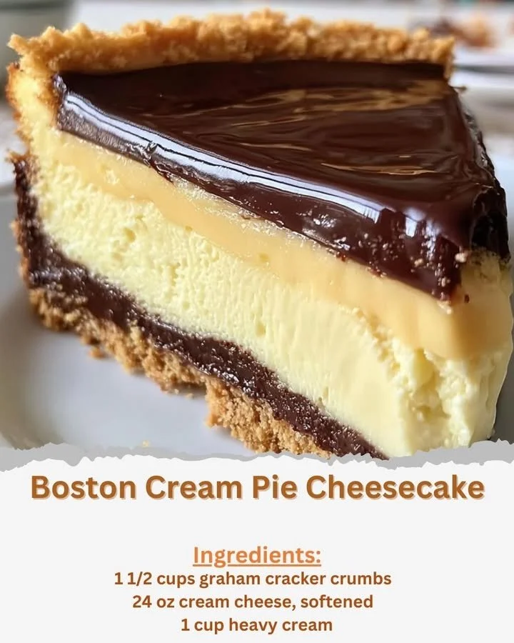 Boston Cream Pie Cheesecake with chocolate ganache and custard topping