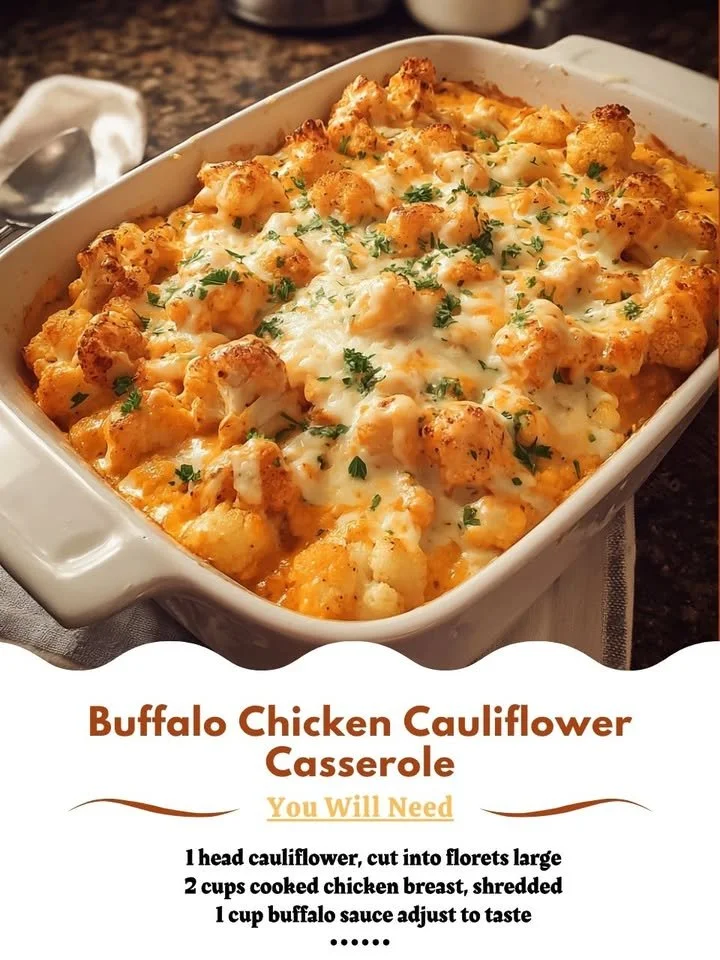 Buffalo Chicken Cauliflower Casserole topped with cheese and green onions