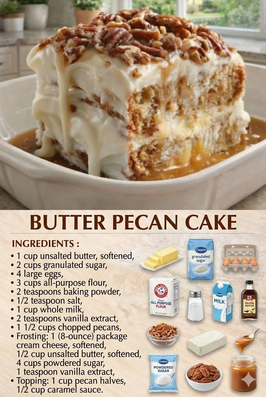 Slice of Butter Pecan Cake with pecan garnish on a white plate