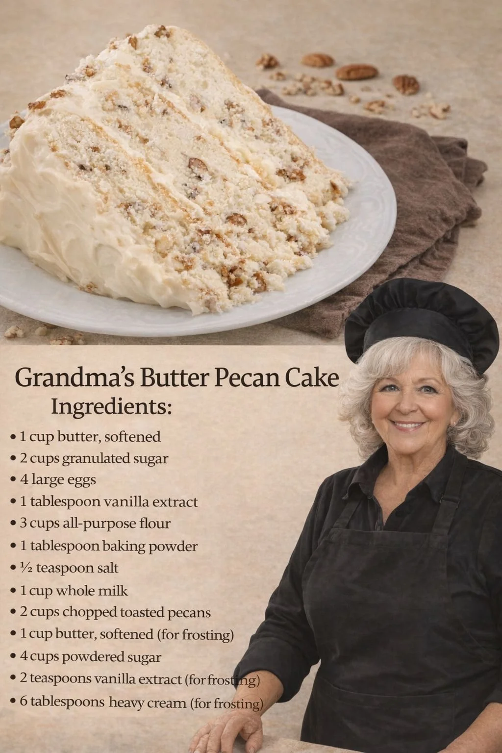 Delicious Butter Pecan Cake topped with pecan nuts on a white plate