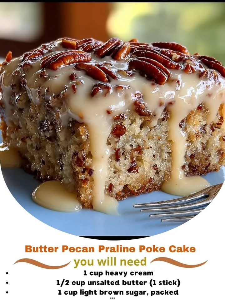 Delicious Butter Pecan Praline Poke Cake topped with pecans and praline sauce