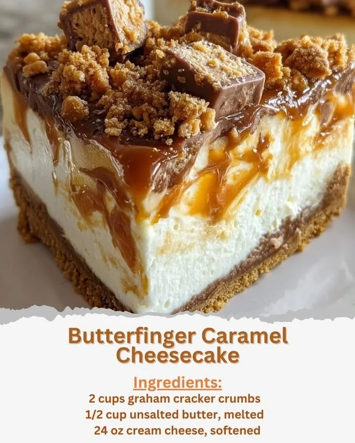 Delicious Butterfinger Caramel Cheesecake topped with caramel and crushed Butterfinger candy.