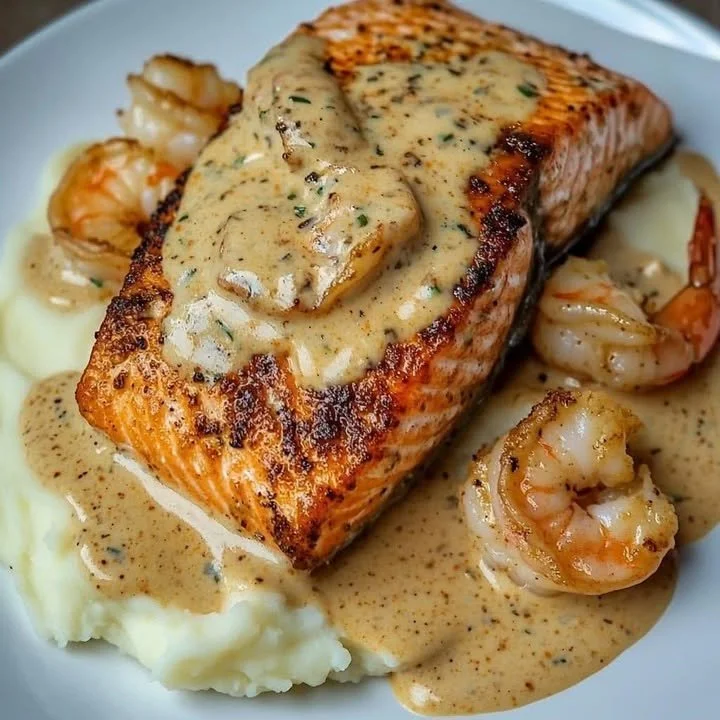 Cajun Salmon and Shrimp with Creamy Mashed Potatoes dish