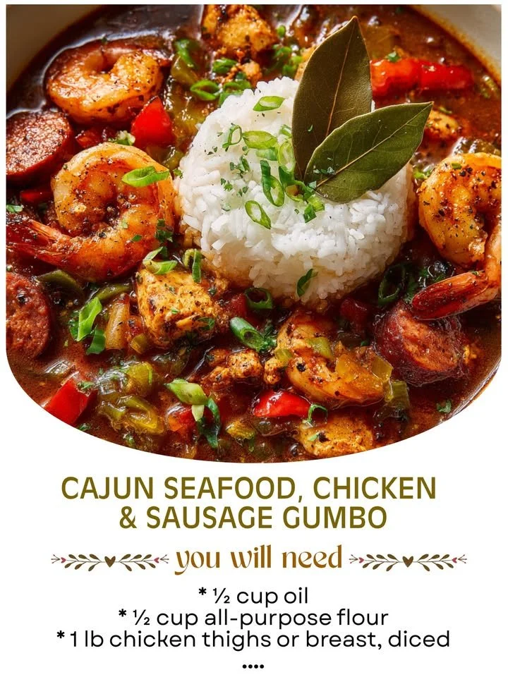 Bowl of Cajun Seafood, Chicken & Sausage Gumbo with vibrant fresh ingredients