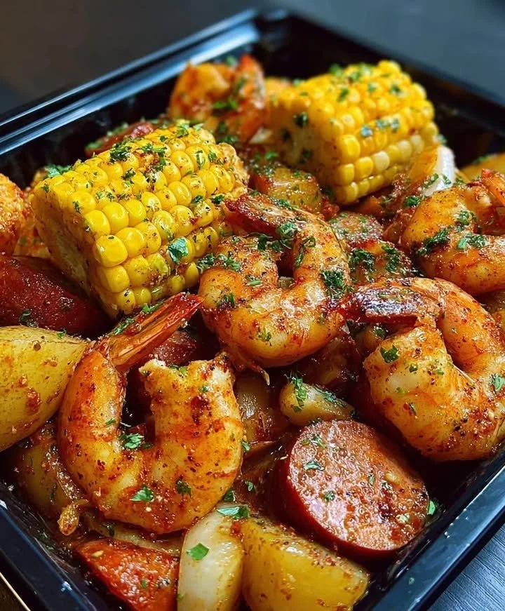 Delicious Cajun Shrimp Boil in Garlic Butter Sauce served on a platter