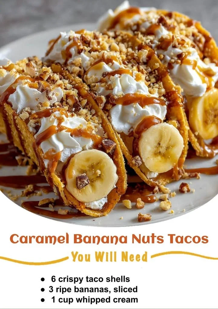 Delicious caramel banana nuts tacos served on a plate.